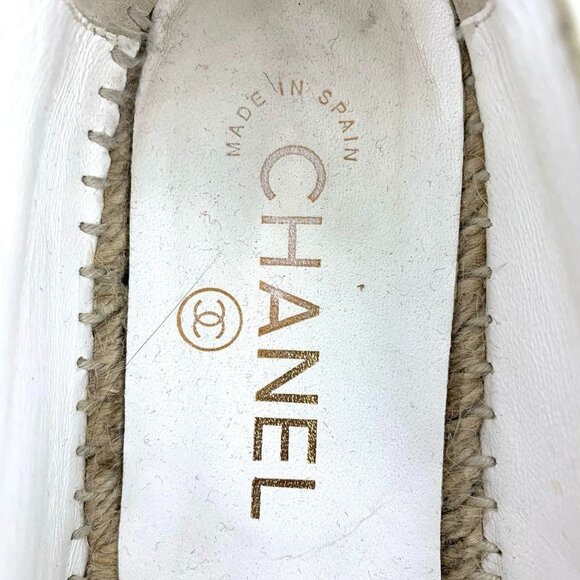 Chanel White Leather Espadrilles Size 37 Double C Logo With Jute Sole Made In Sp - Picture 7 of 9